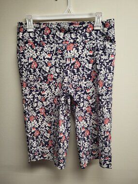 Coral Bay Petite Floral Pull-On Capri Pants Women's 4P Navy White Coral Stretch